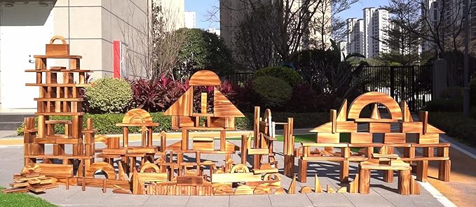 Large Vintage Solid Carbonized Wooden Building Blocks Set for Kids 3-12 Outdoor(67pcs,18.7 lbs), Big Sensory Wood Building Toys for Toddlers, Jumble Outside Wooden Blocks for Preschool