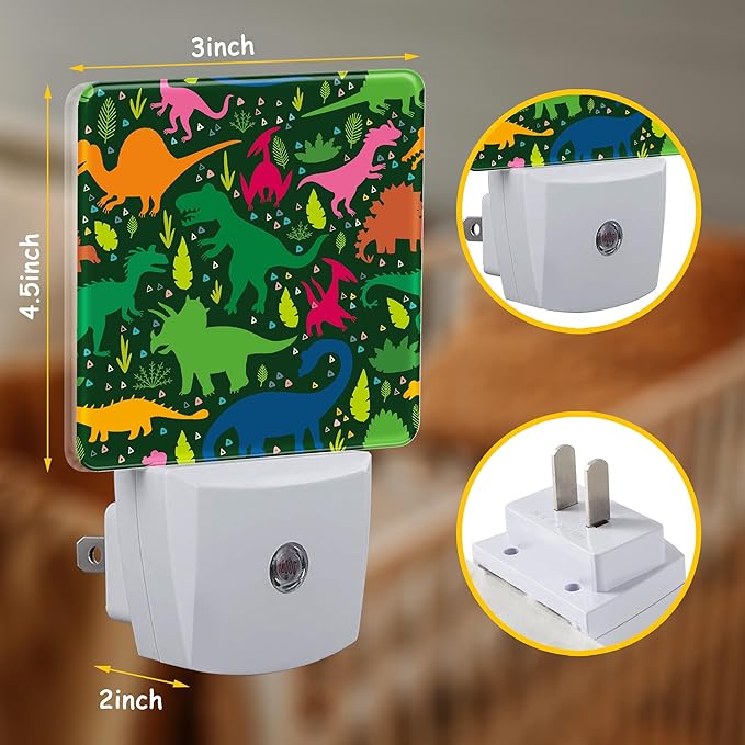 Cute Colorful Dinosaurs Night Light Plug into Wall with Dusk to Dawn Sensor Tropical Leaves Energy Efficient LED Nightlight for Women Girls Boys Room Decor,Hallway,Kitchen,Bathroom,Nursery,Stairs