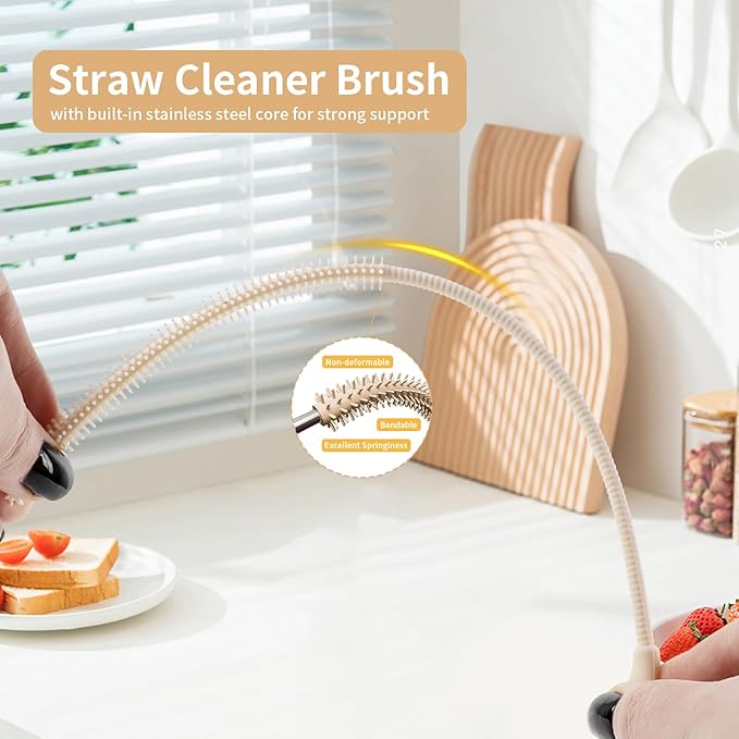 2Pcs Silicone Straw Cleaner Brush, 9.84in Reusable Straw Cleaner with Bendable Steel Core, Extra Long Soft Bottle Brush for Clearing Glass Straws, Smoothie Straws, 9mm&6mm (Beige)