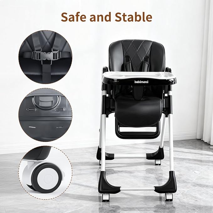 4 in 1 Baby High Chair, High Chairs for Babies and Toddlers, Foldable Highchair with 4 Wheels, 4 Levels of Recline and 7 Levels of Height Adjustment (Black)