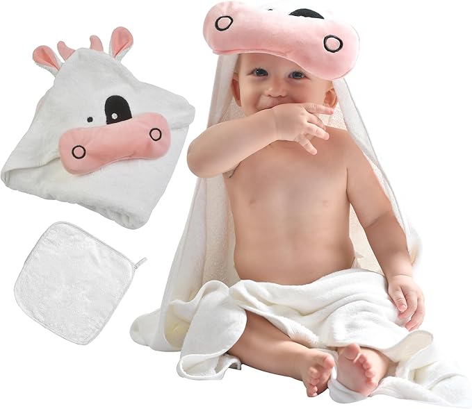 POCASOPA Hooded Towel with Cute Cow Design - Rayon Made from Bamboo Baby - Ultra Soft, Absorbent & Hypoallergenic - Large 35x35” Organic Towel for Newborns, Toddlers & Kids