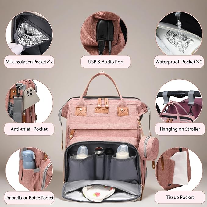 Diaper Bag Backpack with Changing Station, Multifunction Travel Baby Bag, Waterproof Baby Tote, Large Capacity Mommy Bag, Newborn Essentials Backpack Bag, Girls, Pink