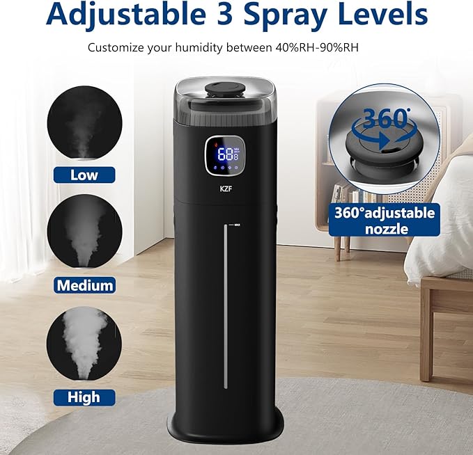 KZF Large Humidifier for Bedroom, 9L/2.5Gallon Ultrasonic Cool Mist Humidifier with Humidistat, 360°Nozzle, 350ML/H Big Mist Level, Suitable for Kids Room Livingroom Yoga Office Plant