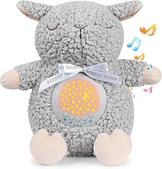 BEREST Baby Sleep Soother with Projector Night Light, Teddy Bear Sheep Musical Plush Toy with White Noise, Heartbeat, Shushing, Lullabies for Newborns, Boys & Girls Infants Shower Gift