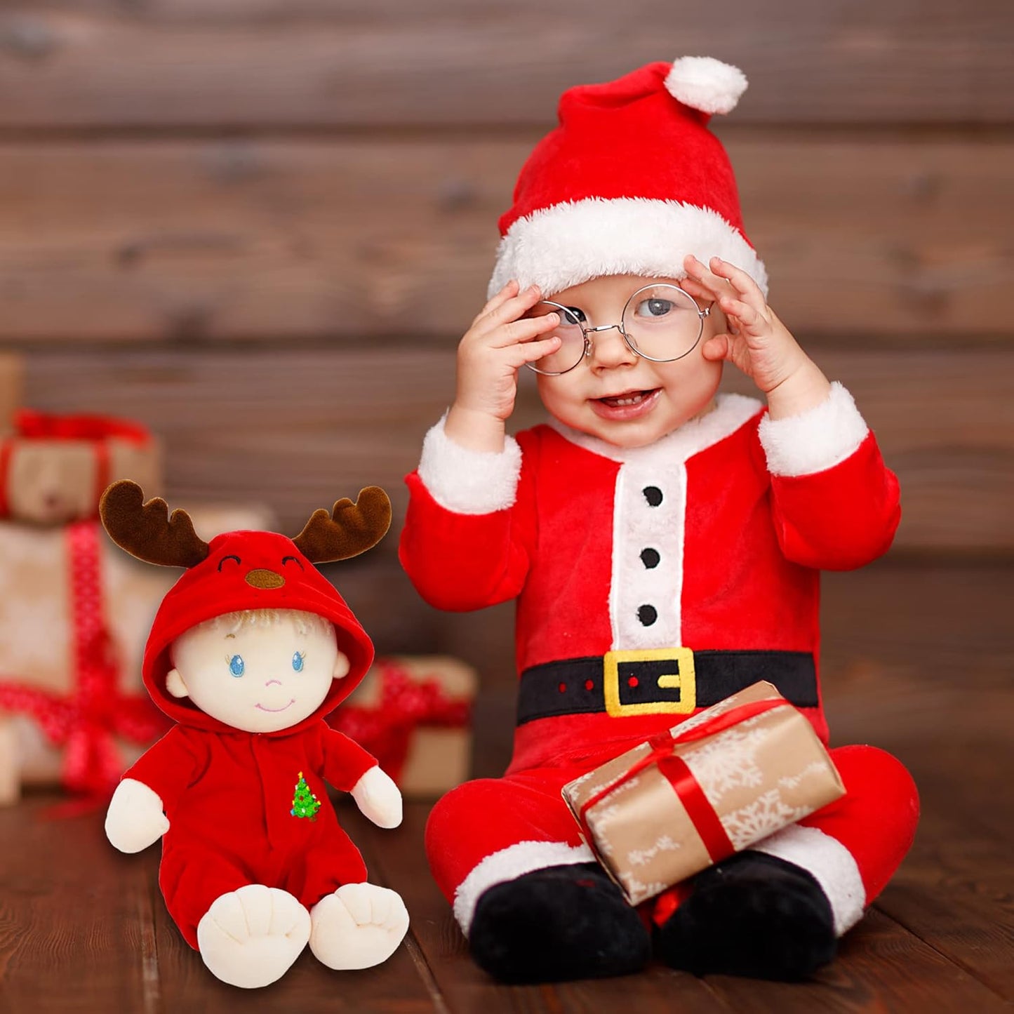 June Garden 12" Sweet Dolly Dasher - Stuffed Ultra Soft Baby Reindeer Doll for Birth and Up - Removable Red Outfit