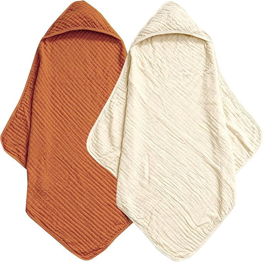 david's kids 2 Pack Hooded Baby Towels, 100% Muslin Cotton 6-Layer Ultra Soft Breathable Absorbent Baby Bath Towels for Infant and Toddler, Newborn Essentials, Large 32x32Inch, Beige & Brown