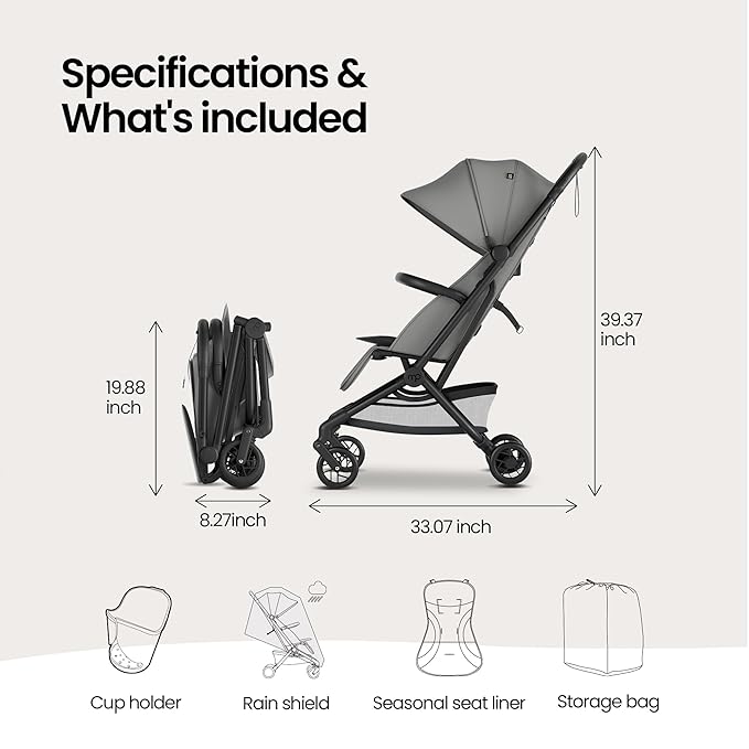 Mompush Velo Lightweight Travel Stroller, Compact & Airplane-Friendly for Baby and Toddler, Lie-Flat Seat, One-Hand Fold, with Leather Bumper Bar, Shoulder Strap, Raincover, Storage Bag & Cup Holder