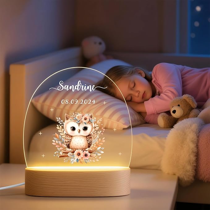 callie Acrylic Night Light Name Plate Personalized, Custom Cute Animal Dog Cat with Wooden Base Bedroom Decor, Birthday Gifts Kid Gifts for Family (Animal Bear Fox)