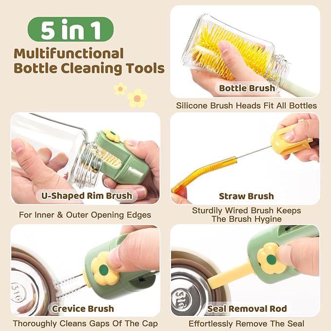 Orzbow 2 Pack Baby Bottle Brush, 5 in 1 Travel Baby Bottle Brush Set, Including Silicone Bottle Cleaner Brush, U-Shaped Rim Brush, Straw Brush, Crevice Brush & Seal Removal Rod, Green