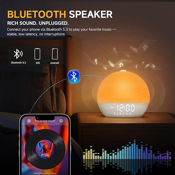 Sunrise Alarm Clock White Noise Sound Machine for Bedroom | Natural Wake-Up Light with 30 Soothing Sleep Aids, Bluetooth Speaker, Dimmable Clock, Screen-Free Design for Baby Adults Kids-White