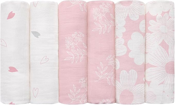 GLLQUEN BABY Receiving Blanket Boy Cotton Muslin Swaddle Blankets Girl Newborn Squares Breathable & Soft Thin Baby Blankets Cloths Double Absorbent Infant Swaddling Wrap - 6 Pack (Rosebud)
