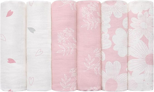 GLLQUEN BABY Receiving Blanket Boy Cotton Muslin Swaddle Blankets Girl Newborn Squares Breathable & Soft Thin Baby Blankets Cloths Double Absorbent Infant Swaddling Wrap - 6 Pack (Rosebud)