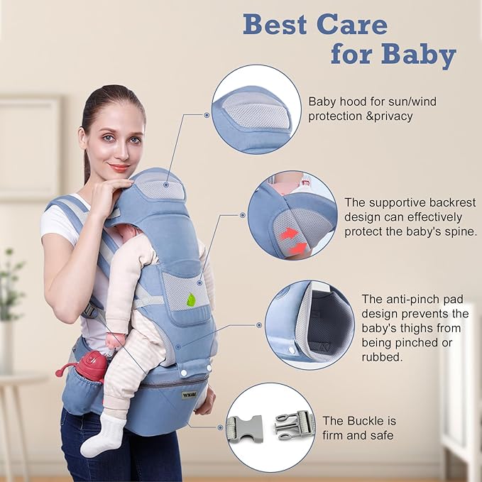 Baby Carrier with Hip Seat, for 0-48 Month Baby, Soft Baby Carrier Newborn to Toddler, 15-in-1 Ways to Carry, Adjustable Size with Sunshade, Windproof & Storage Functions (Blue)