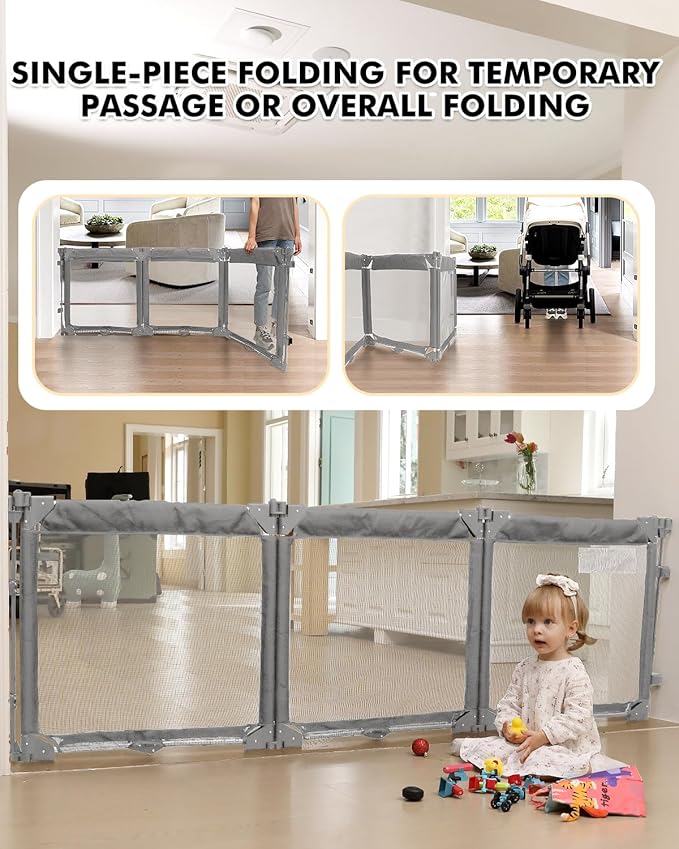 Extra Wide Baby Gate Playpen with Heat-Resistant Mesh,3 Panel Foldable Baby Fence,Indoor/Outdoor Safety Barrier,Dog Playpen & Fireplace Gate Gray