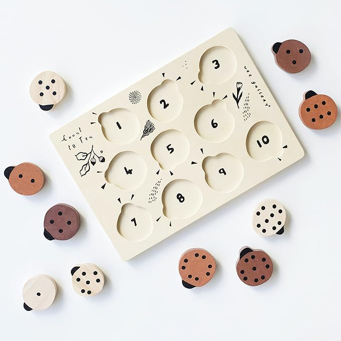 Wee Gallery Wooden Tray Puzzle Count to Ten Ladybugs, Montessori Toy for Toddlers and Preschoolers for Early Learning and Fine Motor Skill Development, Sustainable Educational Puzzle for Kids