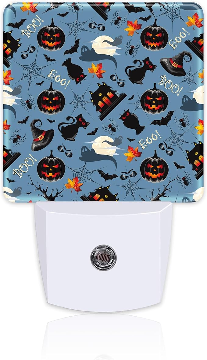 Retro Halloween Elements Night Light Plug into Wall, Spooky Ghost Pumpkin Bat Full Moon Dusk to Dawn Night Light,0.5w Energy Saving Sleep Friendly Nightlights for Kids Boys Girls Home Decor