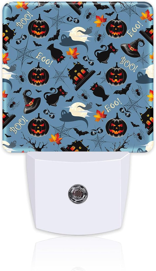 Retro Halloween Elements Night Light Plug into Wall, Spooky Ghost Pumpkin Bat Full Moon Dusk to Dawn Night Light,0.5w Energy Saving Sleep Friendly Nightlights for Kids Boys Girls Home Decor