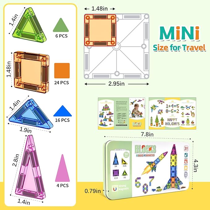 50PCS Mini Magnetic Tiles Travel Toys for Kids Ages 3+, Portable STEM Magnetic Blocks with Storage Tin, Montessori Educational Sensory Toy, Gifts for Boys & Girls, Airplane Car Travel Toys