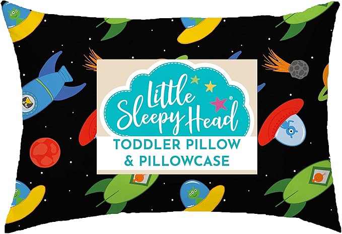 Little Sleepy Head Toddler Pillow with Pillowcase 13x18 - Kids Pillow for Sleeping - Better Neck Support Ergonomic Pillow and Toddler Pillowcase - Best Pillows for Kids (Space 'N Rockets)
