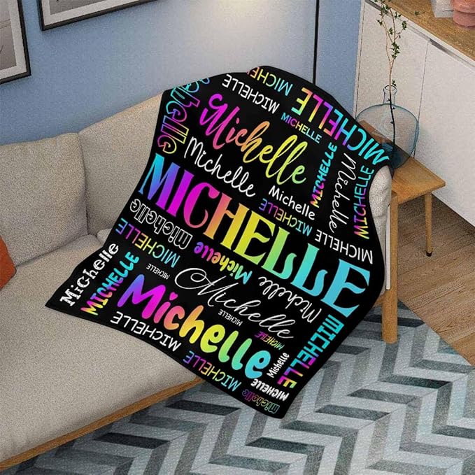M YESCUSTOM Custom Name Blankets for Kids, Personalized Baby Blankets for Girls Boys Adult Toddler Customized Soft Throw Blanket Birthday Christmas Valentines Day Colorful Black