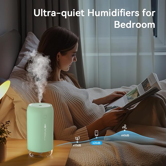 Portable Mini Humidifier, KQLKJ 350ml Small Cool Mist Humidifiers, USB Personal Desktop Humidifier for Bedroom Car Office Travel with Auto Shut-Off & 2 Mist Modes (Green)