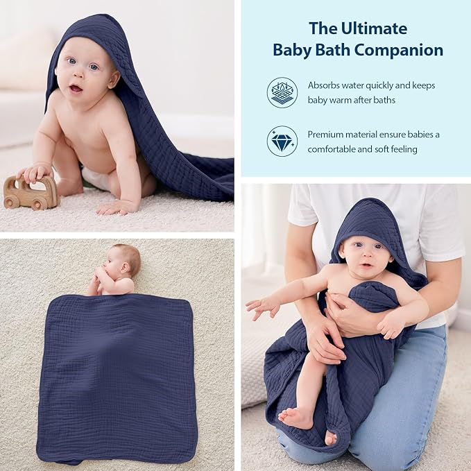 Hooded Baby Towels for Newborn - 2 Pack, 100% Muslin Cotton, Baby Bath Towels with Hood, Soft and Absorbent for Boys, Girls Infant, Toddler and Kids, Large 32x32 Inches, Newborn Essential