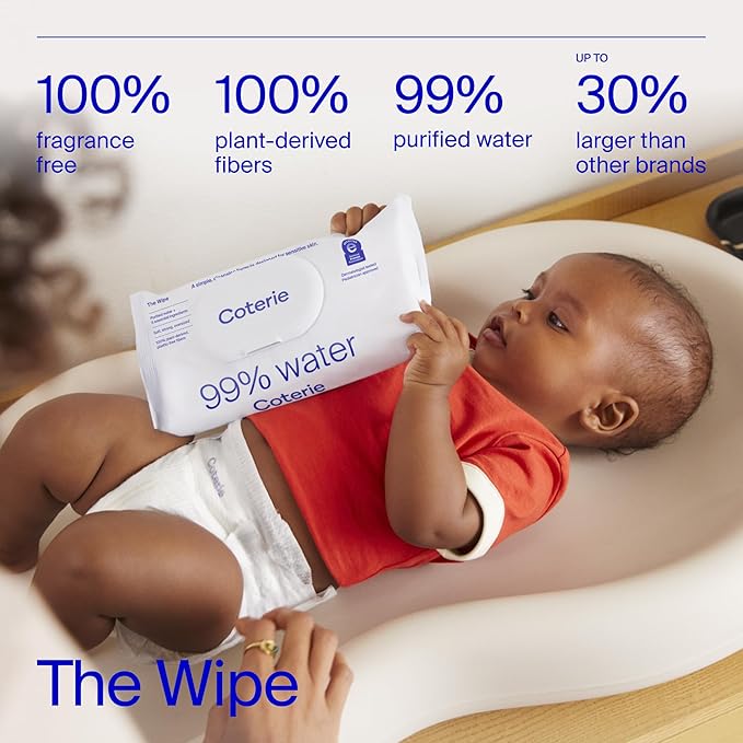 Coterie Baby Wipes, 8 Pack, 448 Count, Unscented Wipes, 99% Purified Water, Plastic-Free & Plant-Derived Fibers, Fragrance Free Hypoallergenic Sensitive Skin Baby Essentials, Clean Ingredients