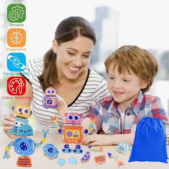 Robots Wooden Snap-Together Building Toys – 28-Piece STEM Montessori Educational Blocks for Toddlers Ages 3–6 | Fine Motor Skills Development | Safe, Durable, Creative Robot Toys Gift for Kids