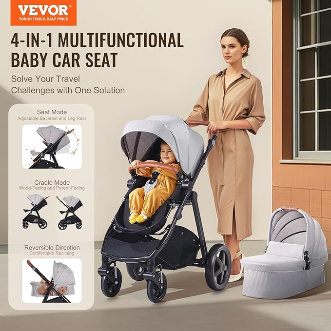 VEVOR 2-in-1 Baby Stroller with Infant Bassinet, Reversible Seat & Easy One-Button Fold, Aluminum Frame, EVA Tires with Brake, Lightweight Travel System Combo (Light Gray)