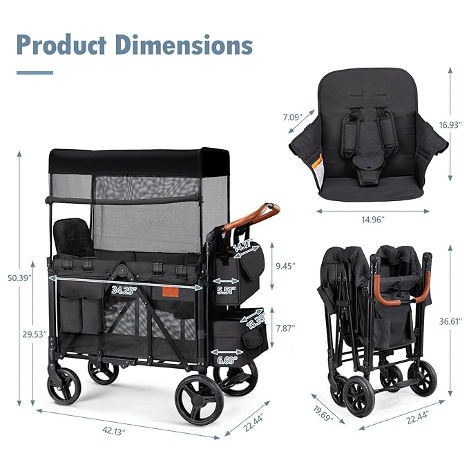 Wagon Stroller for 2 Kids, High Seat & 5 Point Harness, Foldable All-Terrain Wagon for Toddler with Canopy, Parent Organizer, Shoulder Bag, Adjustable Handlebar, Ultimate Double (Black)