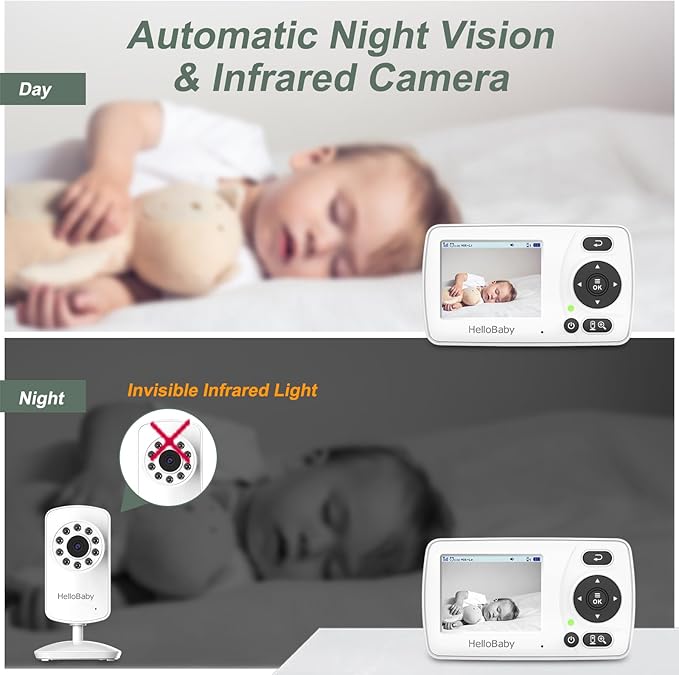 Hellobaby HB30 Video Baby Monitor with Digital Camera and Audio, No WiFi No App Safety Baby Monitor, 8 Languages, Auto Night Vision, 1000ft Transmission Range, 2.4 inch Portable Screen, White