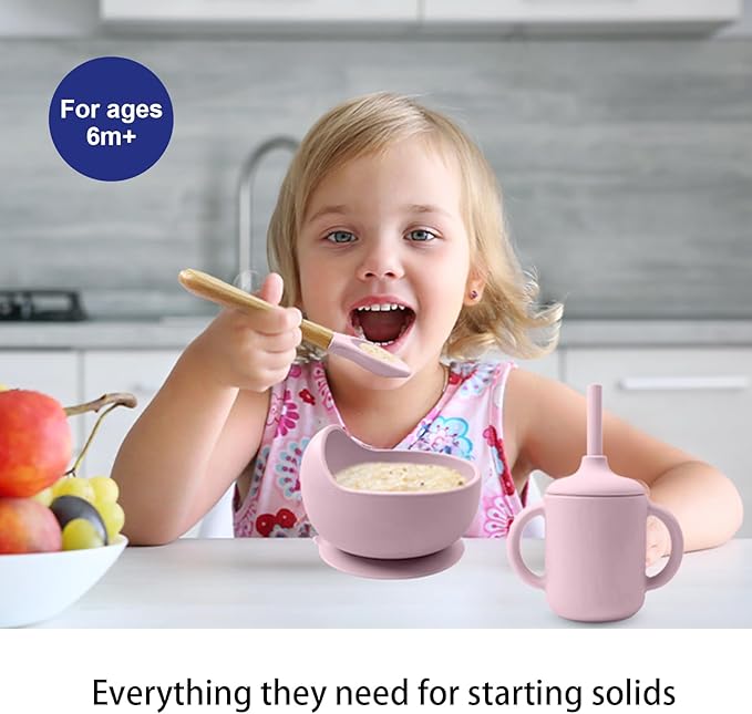 LITTLE RAWR Silicone Baby Feeding Set 14 Pcs,Baby Led Weaning Supplies, Baby Spoons Suction Bowl Divided Plate Bib Cup Finger Brush,First Stage Solid Food Eating Utensils - 6+ Months(Light Pink)