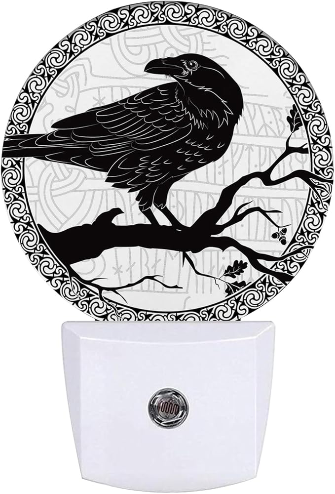 Crow Night Light Black Bird Night Lights LED Lamp Round Plug into Wall Nightlight with Dusk to Dawn Sensor Home Hallway Stairway Kitchen Decor