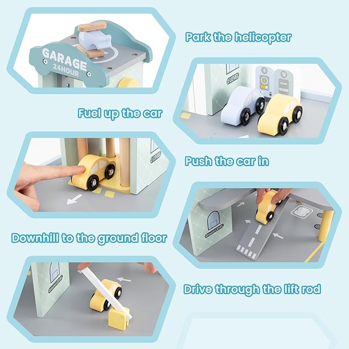 Costzon Toy Car Garage, Multi-Level Wooden Toy Garage with 4 Cars, Helicopter, Gas & Charging Station, Ramp & Working Elevator, Parking Garage for Toy Cars, Pretend Play Gift for Kids Toddlers 3+