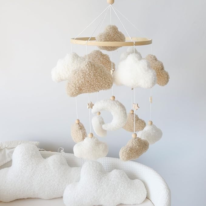 Neutral Boho Cloud Mobile for Crib with Moon Neutral Baby Crib Mobile Boho Crib Mobile Boucle Baby Mobile for Crib Bassinet