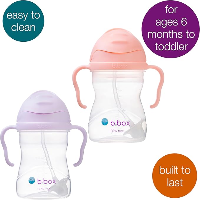 b.box Sippy Cup with Weighted Straw (2-pack). Drink from any Angle, Leak Proof, Spill Proof, Easy Grip. BPA Free, Dishwasher Safe. For Babies 6m+ to Toddlers (tutti frutti + boysenberry, 8oz)