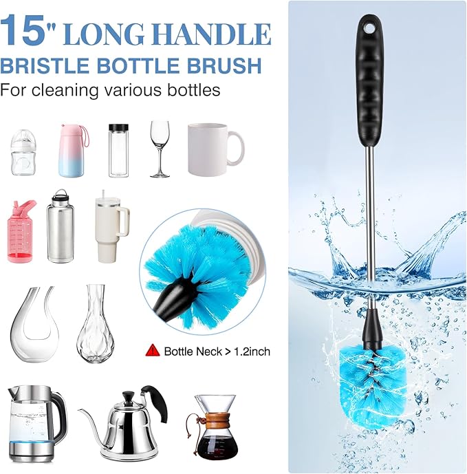 3-in-1 Stainless Steel Cleaning Brush Set, Long Handle for Narrow Neck Bottles, Sport Bottles, Coffee Mugs, Tumblers, Flask