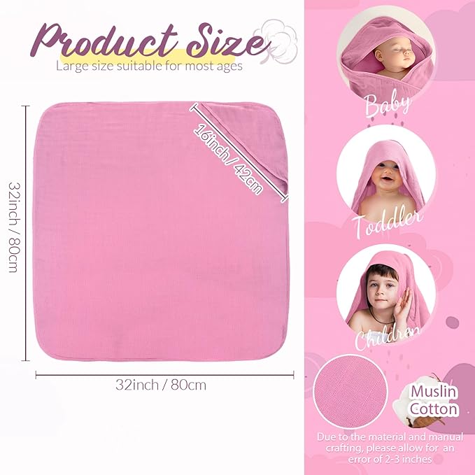 Preboun 6 Pcs Muslin Hooded Baby Towels and Washcloths 32"x 32" Cotton Newborn Bath Towel Anti-Shrink Infant Baby Blankets with Hood 12"x 12" Washcloths for Girl Boy Toddler(Rose Red,Pink)