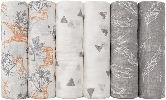 GLLQUEN BABY Receiving Blanket Boy Cotton Muslin Swaddle Blankets Girl Newborn Squares Breathable & Soft Thin Baby Blankets Cloths Double Absorbent Infant Swaddling Wrap - 6 Pack(Jungle)