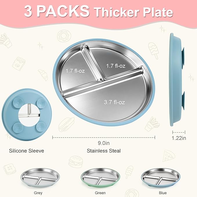 Bella's Friends Stainless Steel Toddler Plates Silicone Suction,3 Packs Non-Slip Baby Plates,Divided Portion,Food-Grade Silicone Plate for Kids,LEAD-FREE Dishwasher Safe, Green Blue Gray