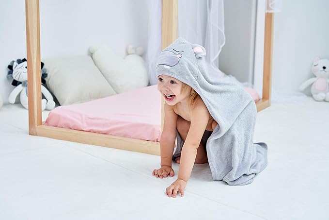 HIPHOP PANDA Hooded Towel - Rayon Made from Bamboo, Bath Towel with Bear Ears for Newborn, Babie, Toddler, Infant - Absorbent Large Baby Towel - Hippo, 37.5 x 37.5 Inch
