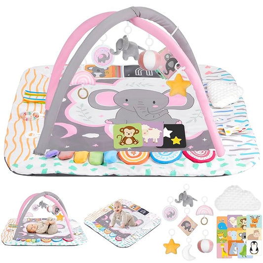 Baby Play Mat Activity Gym with Tummy Time Pillow, 6 Developmental Zones Tummy Time Mat, 6 Detachable Sensory Toys and Educational Cards, Essential Baby Shower Set, Pink Elephant