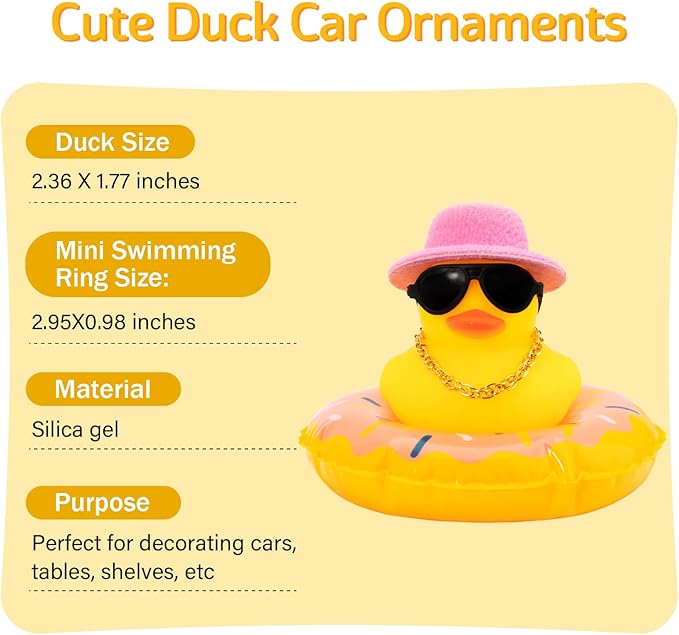 wonuu Car Rubber Duck, Yellow Duck Decoration Dashboard with Sun Hat Swim Ring Necklace Sunglasses for Car Dashboard Decorations