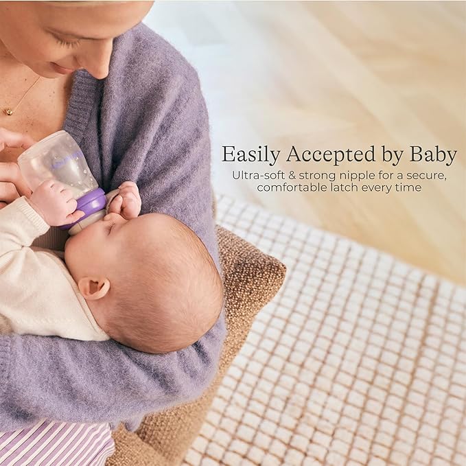 Lansinoh Anti-Colic Baby Bottles for Breastfeeding Babies, 5 Ounces, 4 Count, Includes 4 Extra Slow Flow Nipples, Size XS