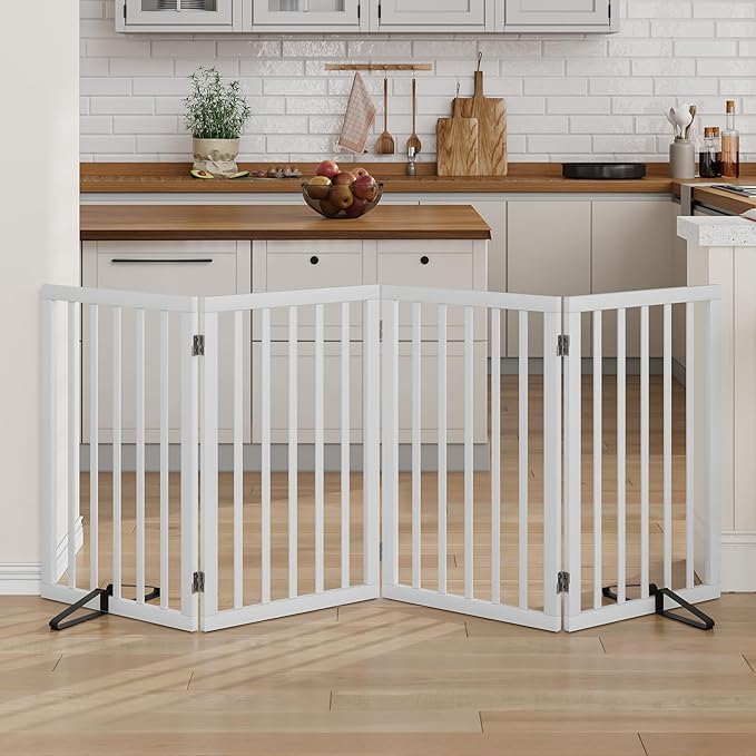 Dog Gate 32" Tall Freestanding Dog Gate for Doorways Foldable Pet Gate for Dogs Indoor (White,4 Panel)