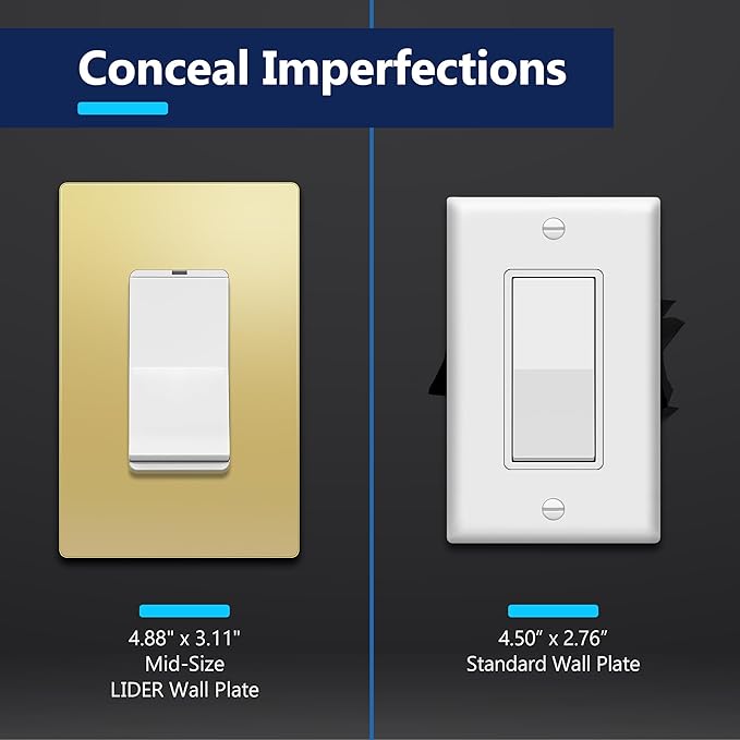 LIDER Decorator Metal Wall Plate, Temperature and Impact Resistant, 201 Stainless Steel, Screwless Cover, Modern Decoration Upgrade, Mid-Size 1-Gang 4.88" x 3.11", Polished Brass, LSMWP-31M-PB