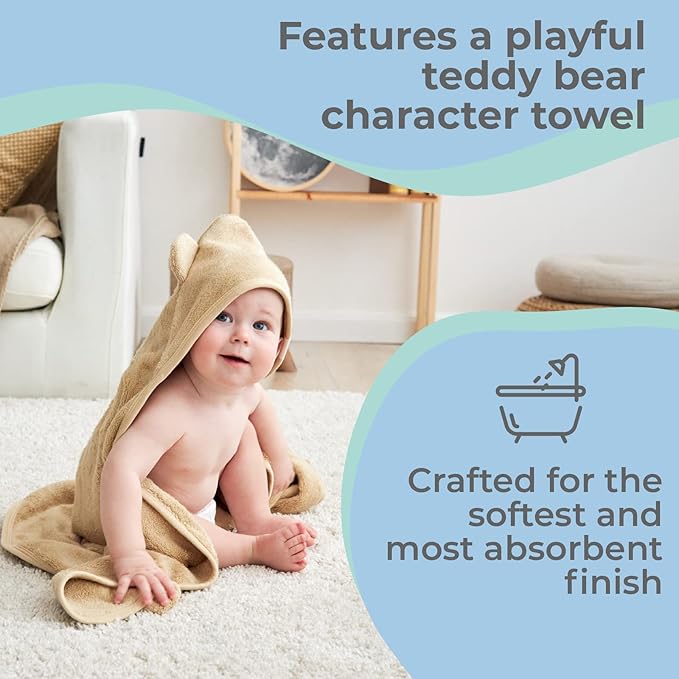 Munich Blue Hooded Bath Towel for Newborn and Toddler Girls and Boys - Soft and Cozy Baby Towel with Cute Bear Ears (600GSM, 35 x 35 inch)