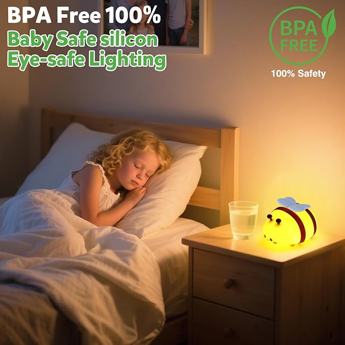 Bee Night Light, Cute Silicone Animal Bedside Lamp, Night Lamp for Kids Room, Dimmable LED Lamp,Bedroom Touch Lamp, Nursery,Baby Room&Girls Room Decor, Baby Boys Girls Gift,Rechargeable Nightlight