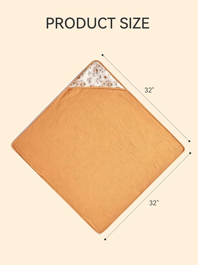 TILLYOU Muslin Hooded Baby Towels for Newborn 2 Pack, 32x32Inch Soft Baby Bath Towel Highly Absorbent for Newborn and Infant, Essential for Newborn Care, Yellow Flower