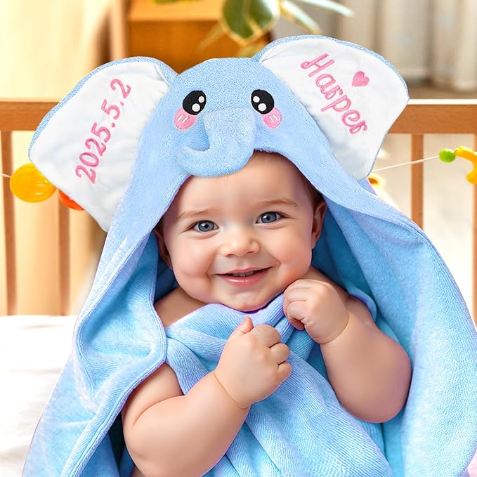 Custom Hooded Bath Towel with Name, Personalized Highly Absorbent Elephant Towels, Baby Bath Towels for Girls Boys, Christmas Brithday for Baby, Toddler, Newborn (Blue)